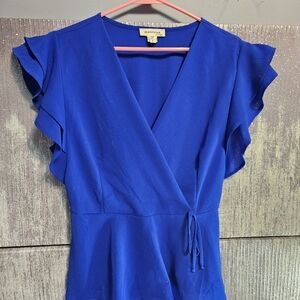 Monteau Royal Blue Wrap Blouse with Ruffle Sleeves